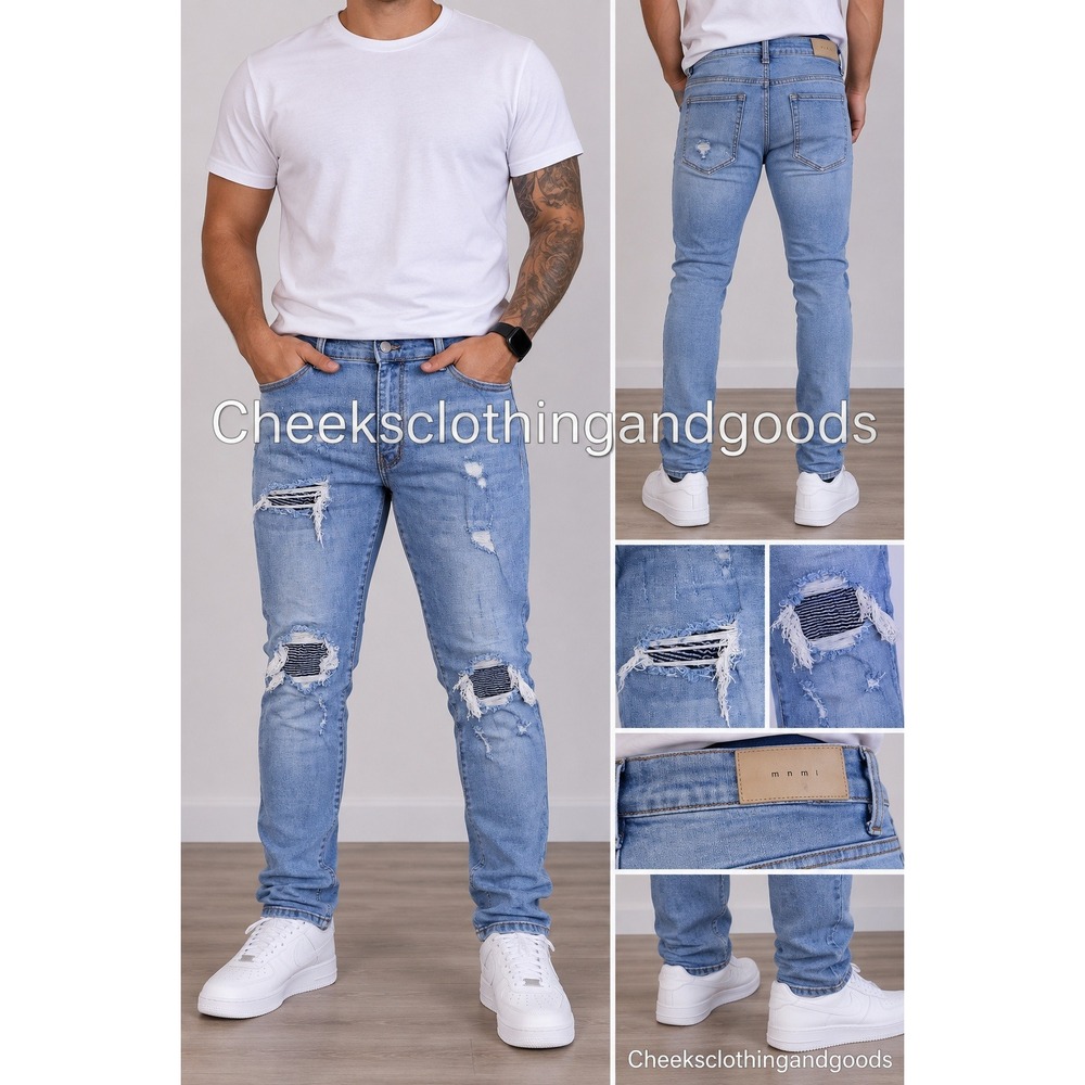MNML Mens 34 Distressed Slim Tapered Jeans Light Wash Blue Striped Patch Ripped